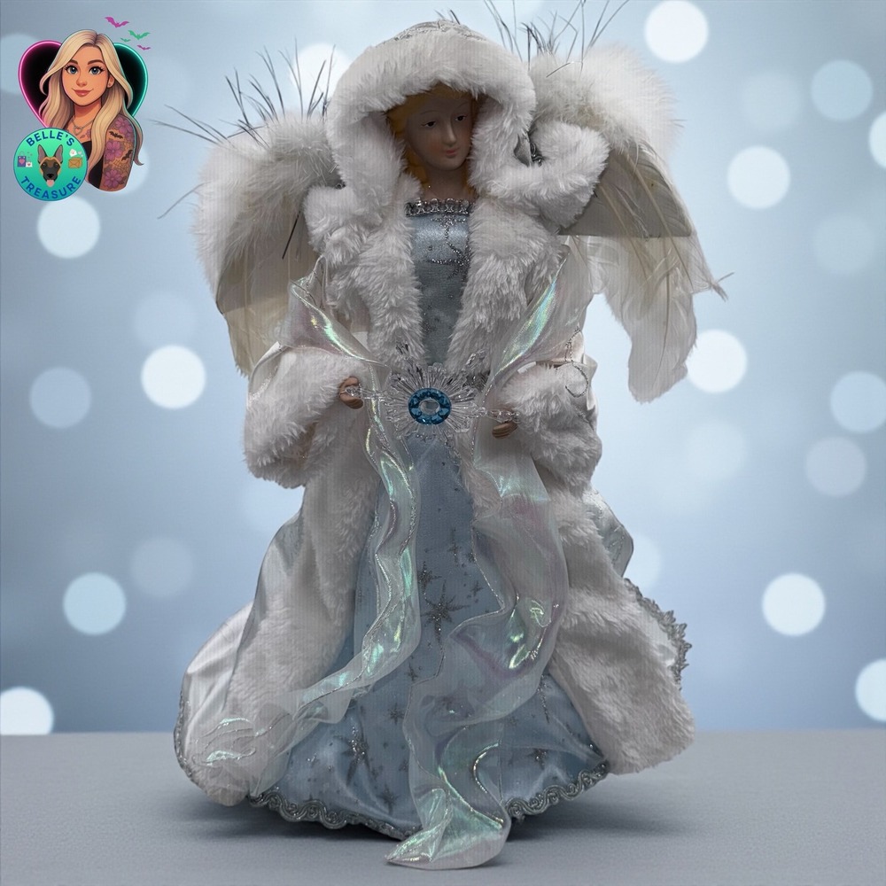 Christmas Tree‎ Topper Angel White Faux Fur Blue Gown Glitter Stars Ice Queen